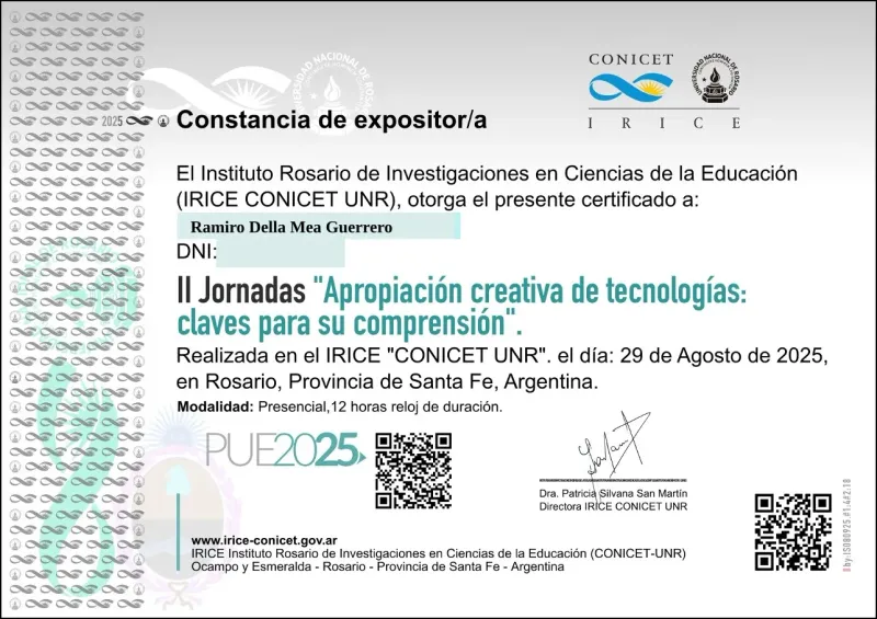 Constancia de expositor otorgada por el IRICE CONICET-UNR a Ramiro Della Mea Guerrero por las II Jornadas, 29 de agosto de 2025, modalidad presencial, 12 horas reloj