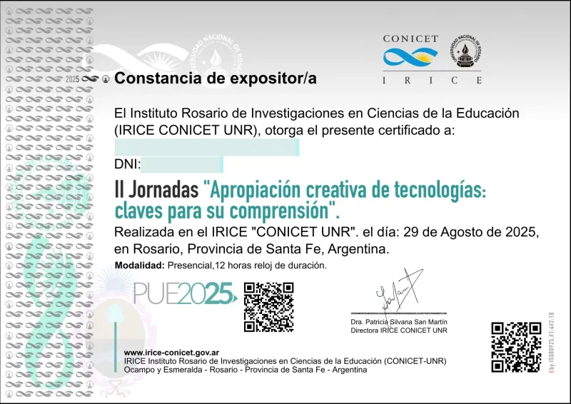 Constancia de expositor otorgada por el IRICE CONICET-UNR por las II Jornadas, 29 de agosto de 2025, modalidad presencial, 12 horas reloj