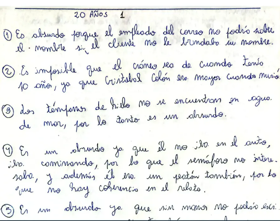 Muestra de respuestas manuscritas de un estudiante interpretando los ítems de absurdos verbales del instrumento de la investigación